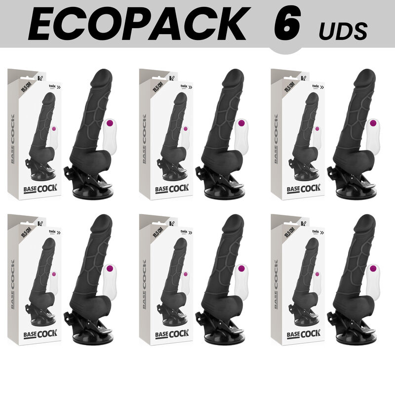 ECOPACK 6 UNIT - BASECOCK VIBRADOR REALISTA CONTROLE REMOTO PRETO COM TESTÍCULOS 19.5 CM -O- 4 CM