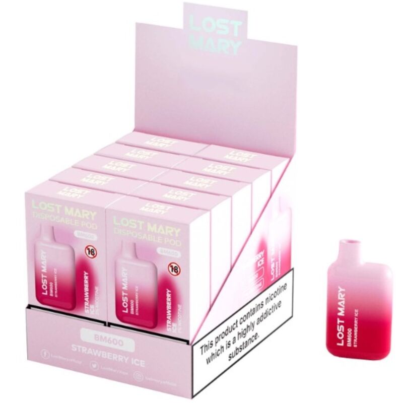 LOST MARY - (EXPOSITOR PROFESSIONAL PACK -10 UNIDADES) BM600 NICOTINE VAPER 2% DESCARTÁVEL MORANGO ICE